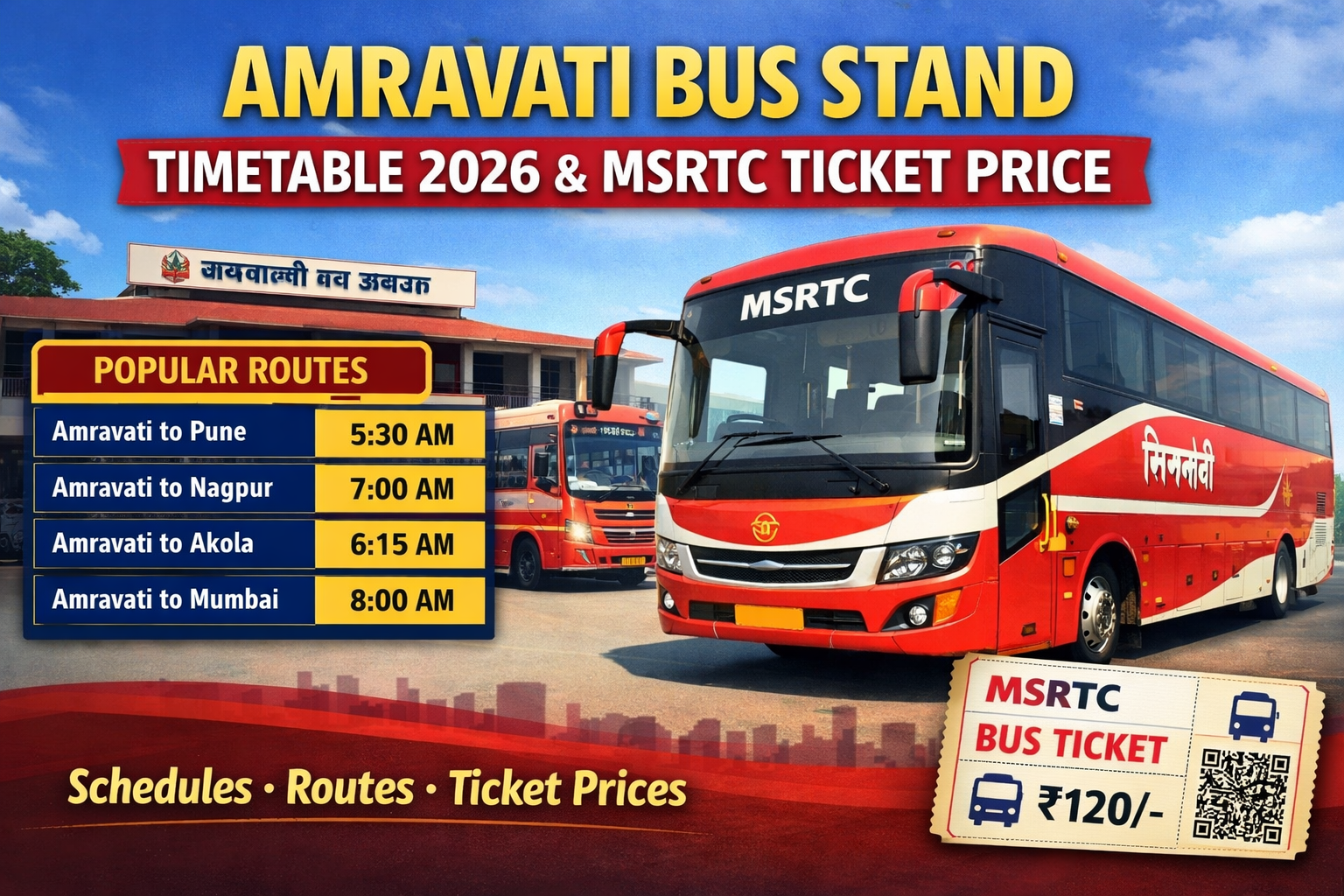 Amravati Bus Stand Timetable 2026 featured image showing MSRTC red bus, popular routes like Pune, Nagpur, Akola, Mumbai with timings, and ticket price details.