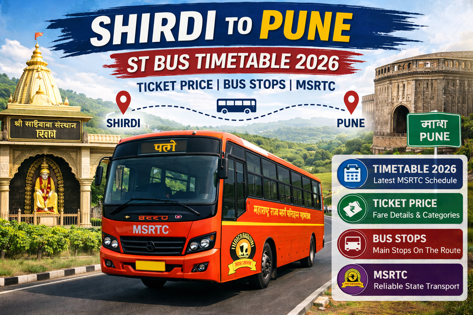 Shirdi to Pune ST Bus Timetable 2026 Ticket Price | Bus Stops | MSRTC