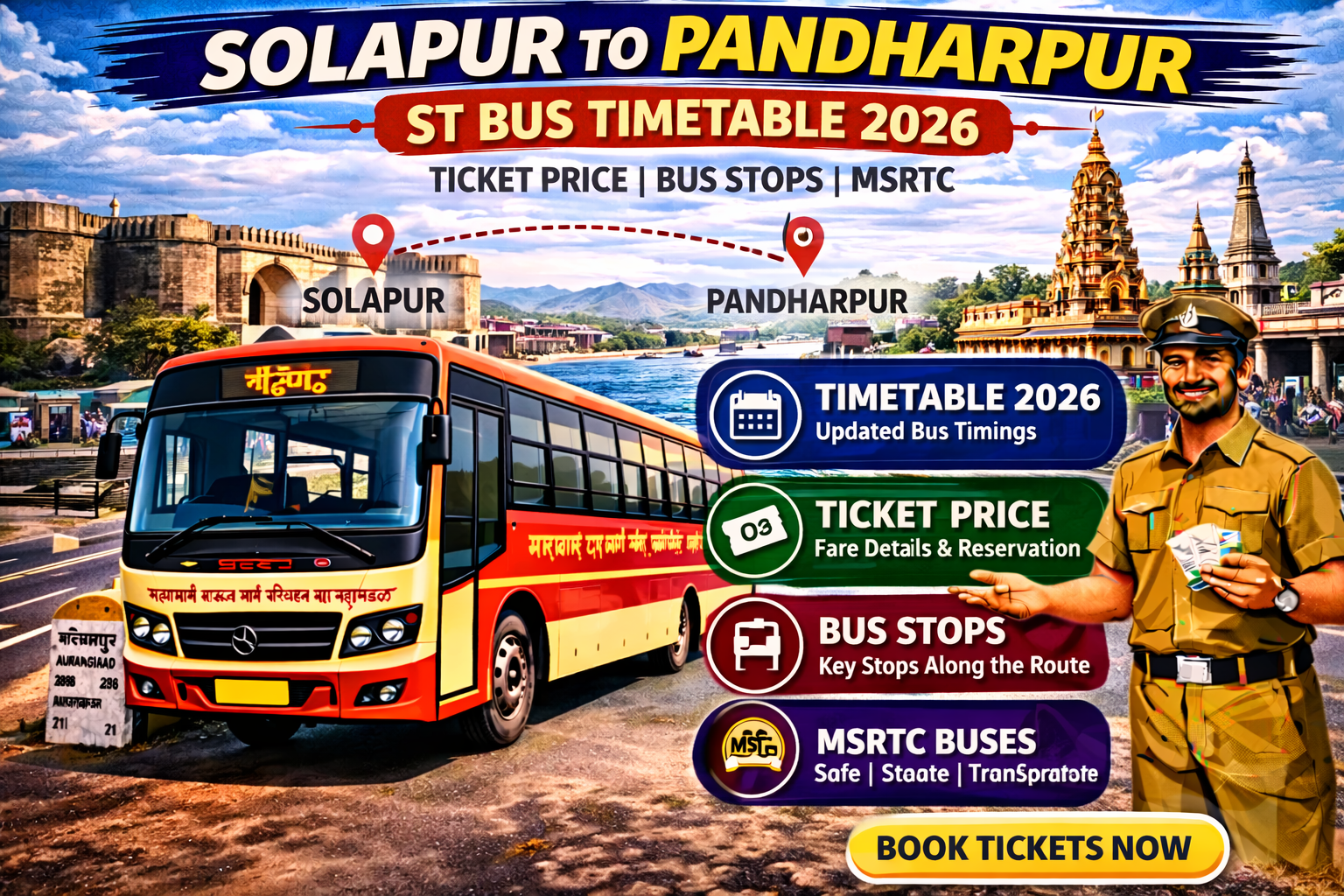 Solapur to Pandharpur ST Bus Timetable 2026 Ticket Price | Bus Stops | MSRTC