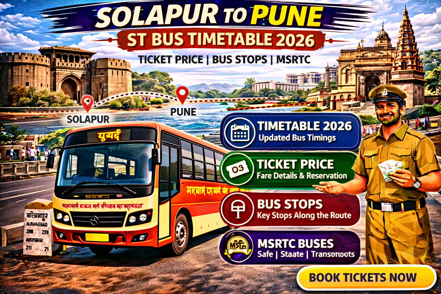Solapur to Pune ST Bus Timetable 2026 Ticket Price | Bus Stops | MSRTC