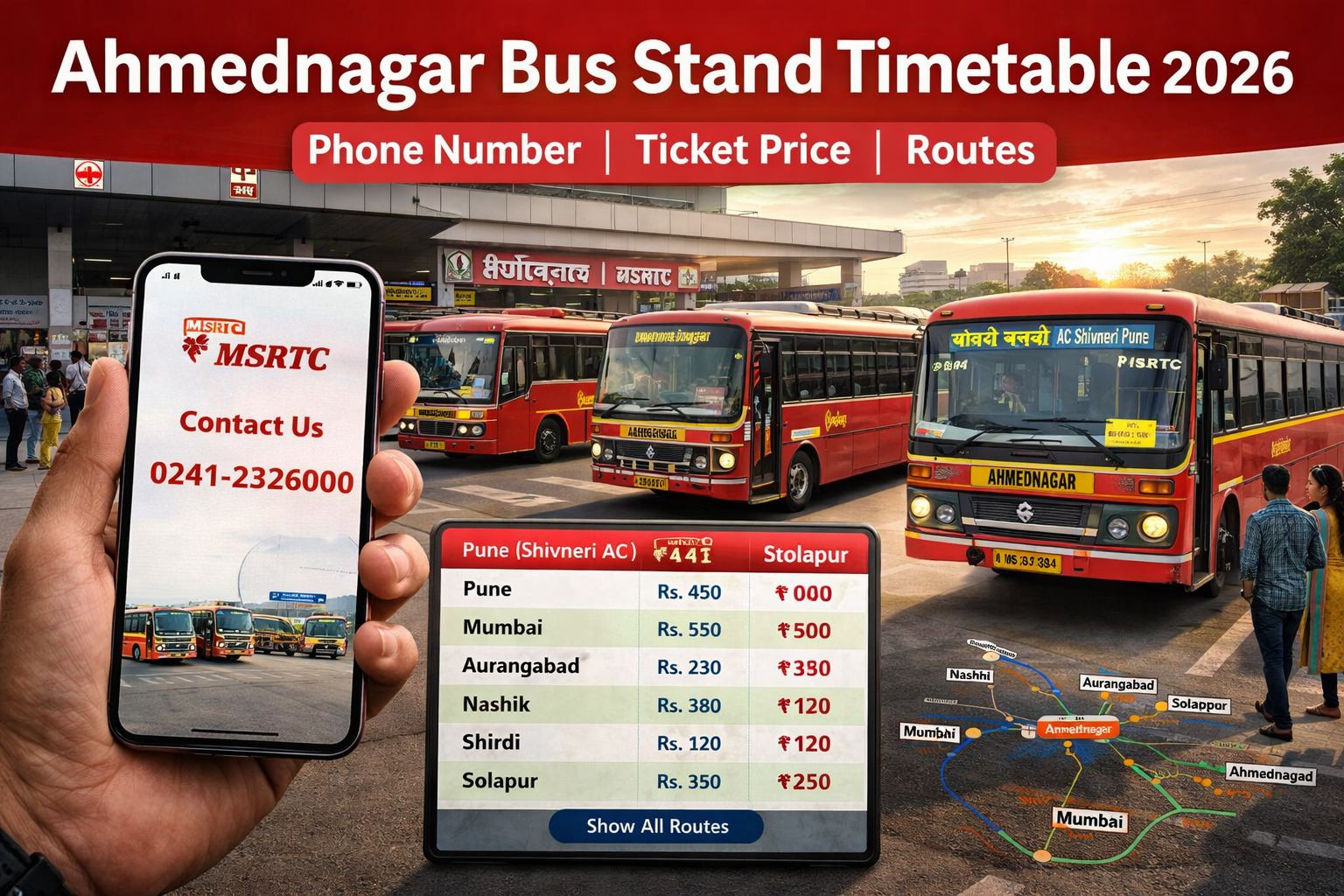 Ahmednagar Bus Stand Timetable 2026 banner showing MSRTC buses, route details, ticket prices, and contact phone number in a modern Indian bus station setting