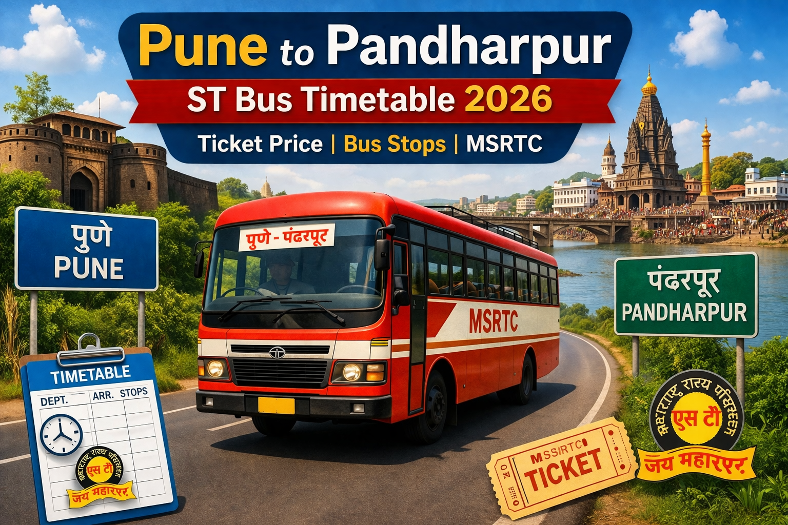 Pune to Pandharpur ST Bus Timetable 2026 Ticket Price | Bus Stops | MSRTC