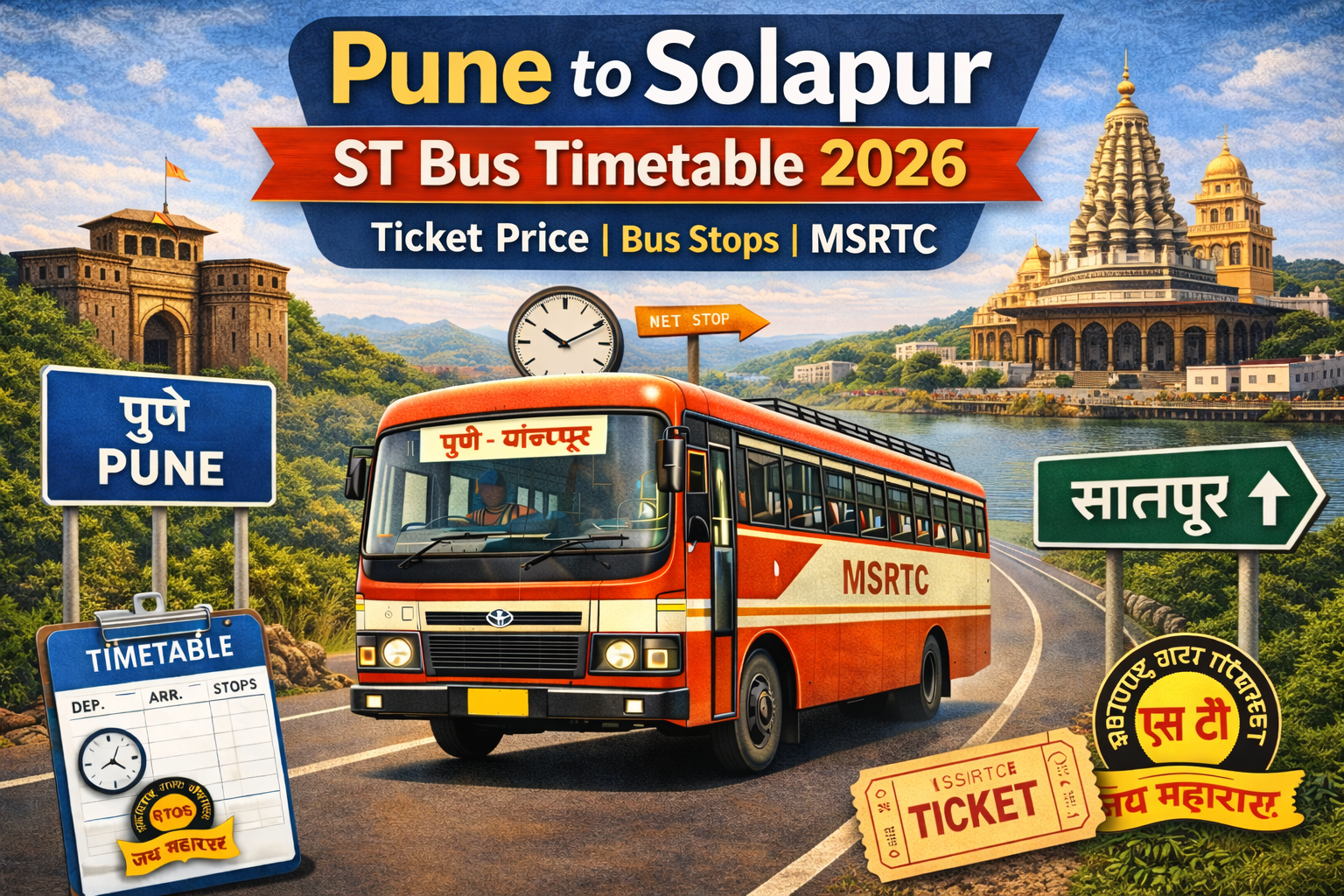 Pune to Solapur ST Bus Timetable 2026 Ticket Price | Bus Stops | MSRTC