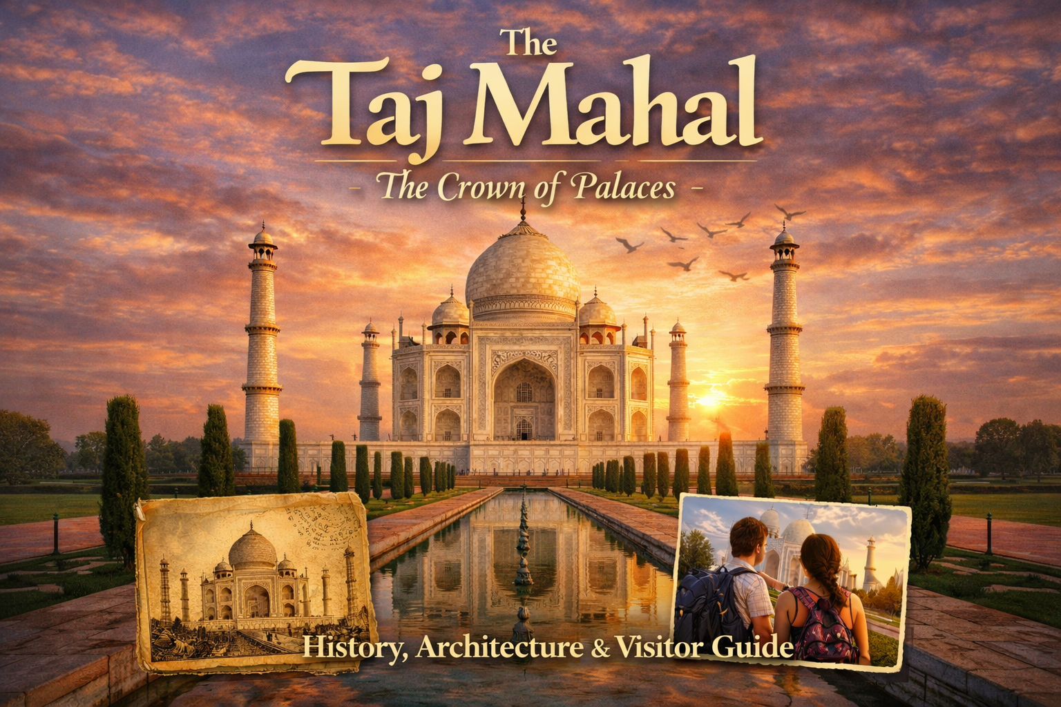 Taj Mahal at sunset with reflection, showcasing Mughal architecture and visitor guide theme